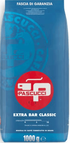 Cafea boabe Pascucci Extra Bar Classic 1000g, cafea plină, cremoasă, cu caracteristici de ciocolată și lemn.