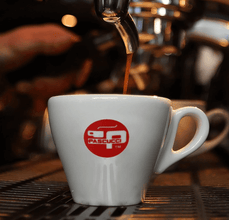 Espresso being poured into a white cup with the Pascucci logo, showcasing rich coffee preparation.
