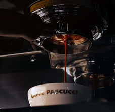 Preparing espresso in a coffee machine, with dark coffee pouring into a Caffe Pascucci cup.